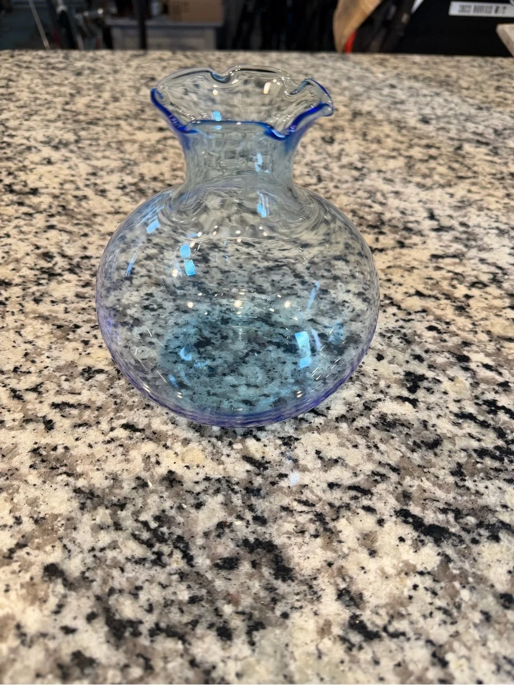 Blue Ruffled Rim Handblown Glass Bud Vase